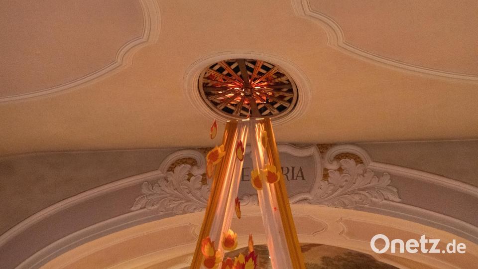 Aus dem "Heilig-Geist-Loch" im Kirchenschiff regnete es während des Festgottesdienstes rote Blüten als Sinnbild für den Heiligen Geist. Bild: Roland Wellenhoefer