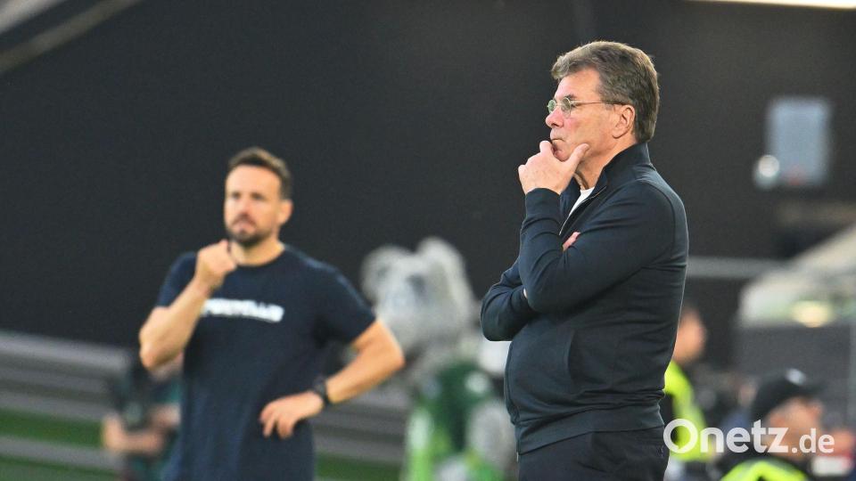 Wolfsburgs Trainer Dieter Hecking (r) und sein Paderborner Kollege Ralf Kettemann. Bild: Swen Pförtner/dpa