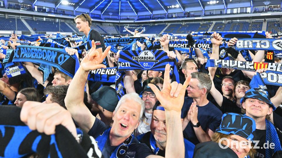 Die Zuschauer im Stadion feiern und halten Schals in die Höhe. Bild: Swen Pförtner/dpa