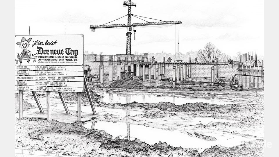 Der Verlag siedelt während der 1970er Jahre in Etappen auf die Naabwiesen um. 1970 beginnen die Bauarbeiten für einen Neubau. Als erste Abteilung zieht 1972 die Technik um. Es folgen bis 1977 Redaktion, Anzeigenabteilung und Verwaltung. Zur offiziellen Einweihung am 2. Juni 1978 kommt Ministerpräsident Alfons Goppel. Bild: NT-Archiv