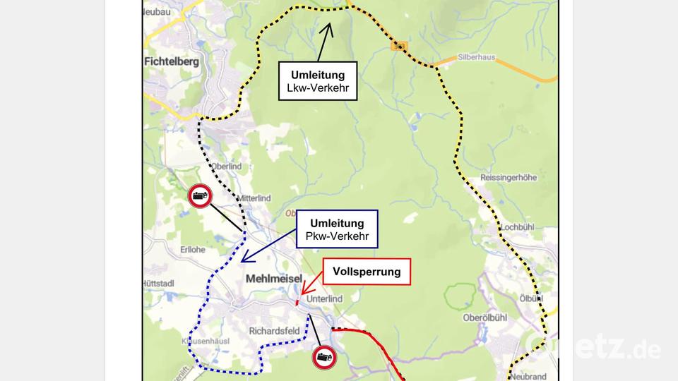 Dieser Umleitungsplan besteht für den Ersatzneubau der Brücke über die Fichtelnaab in Unterlind. Bild: Staatliches Bauamt Bayreuth