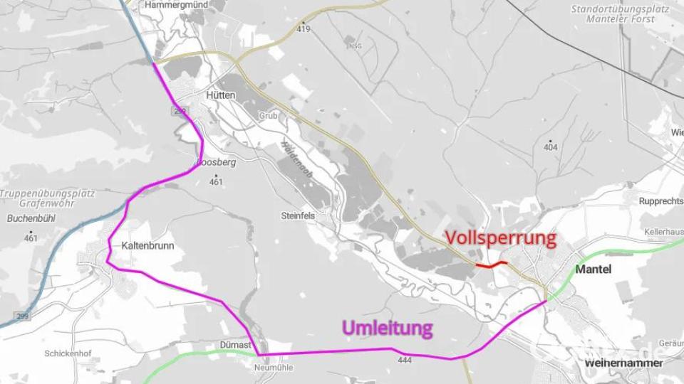 Zwischen Mantel und Hütten wird die Kreisstraße voraussichtlich ab 8. Juni voll gesperrt. Grafik: Staatliches Bauamt Amberg-Sulzbach