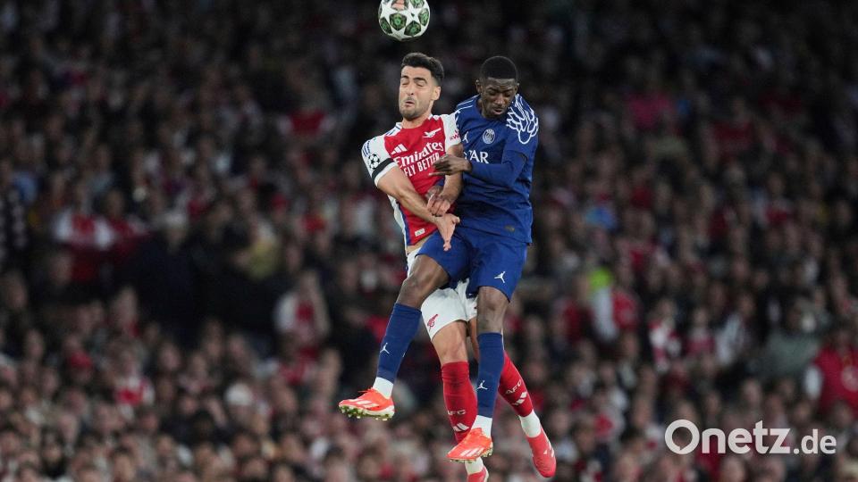 Treffen am Samstag erneut aufeinander: Arsenals Mikel Merino und Ousmane Dembele (r) von PSG. (Archivbild) Bild: Kin Cheung/AP/dpa