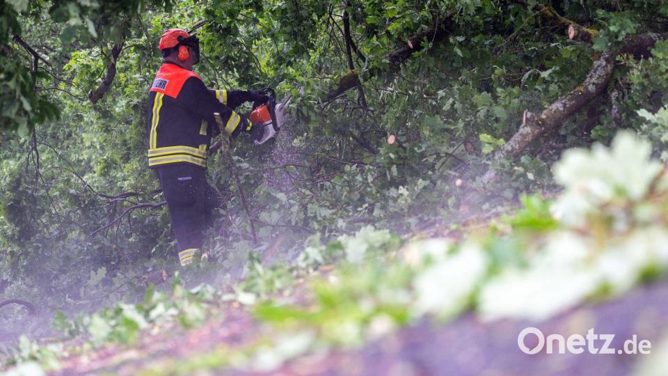 Die Feuerwehr räumt die bayerischen Straßen nach dem Unwetter wieder frei. Bild: Pia Bayer/dpa