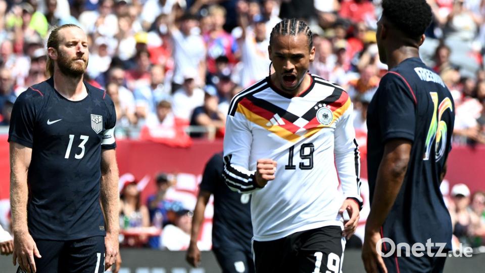 Leroy Sané bejubelt sein Tor zum 2:1. Bild: Federico Gambarini/dpa