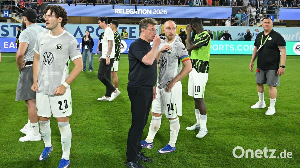 Dieter Hecking und Christian Eriksen nach dem Bundesliga-Abstieg des VfL Wolfsburg. (Archivbild) Bild: Swen Pförtner/dpa