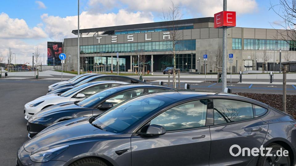 Nach einem Brandanschlag auf einen Hochspannungsmast steht im März 2024 die Produktion in der Tesla-Autofabrik in Grünheide zeitweise still. Bild: Patrick Pleul/dpa