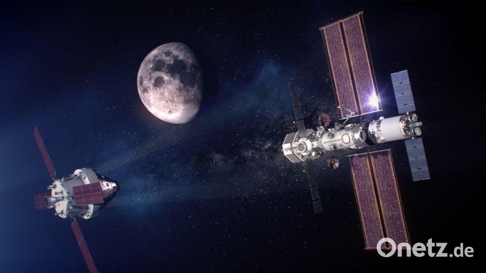 Ursprünglich sah das Projekt auch einen Außenposten am Mond namens „Lunar Gateway“ vor - hier eine grafische Darstellung. Bild: Alberto Bertolin/Nasa/dpa