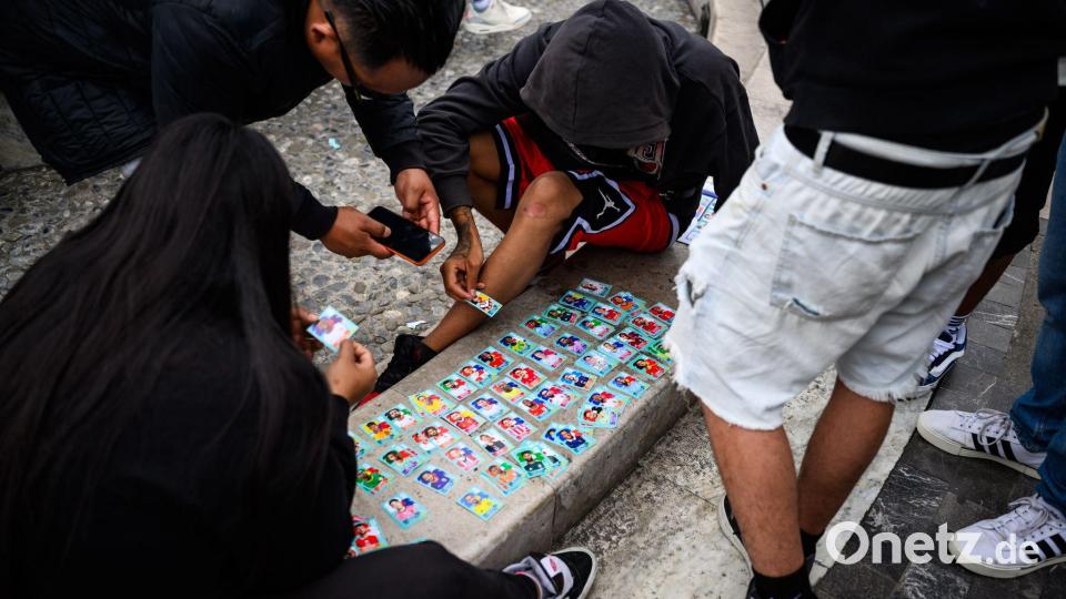 Fußball-Fans tauschen auf dem Palacio de Bellas Artes in Mexiko-Stadt Panini-Sticker. Bild: Tom Weller/dpa