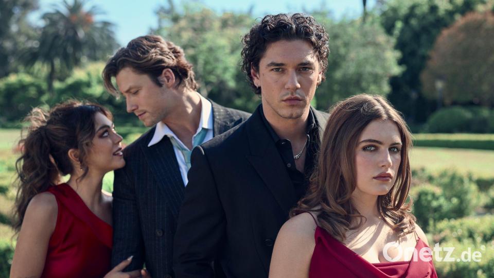 Die College-Serie „Off Campus“ beschäftigt derzeit Millionen weltweit. Das sind die Hauptfiguren. Linkes Paar: Allie und Dean (Mika Abdalla und Stephen Kalyn), rechtes Paar: Garrett und Hannah (Belmont Cameli und Ella Bright). Bild: -/PrimeVideo/dpa