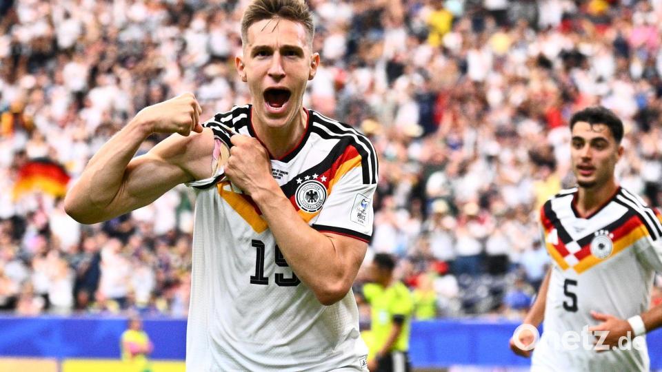 Deutschland lässt die Muskeln spielen, Nico Schlotterbecks Jubel nach seinem Kopfballtor. Bild: Tom Weller/dpa