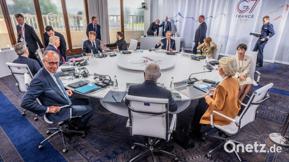 Die Staats- und Regierungschefs der G7 haben sich auf eine gemeinsame Erklärung zu geopolitischen Fragen wie dem Krieg in der Ukraine und dem Iran-Konflikt geeinigt. Bild: Michael Kappeler/dpa-Pool/dpa