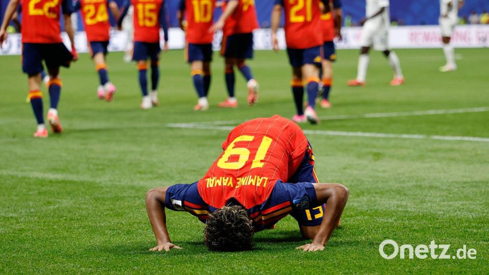 Das 1:0 für Spanien: Lamine Yamal jubelt nach seinem Tor. Bild: Erik S.Lesser/AP/dpa