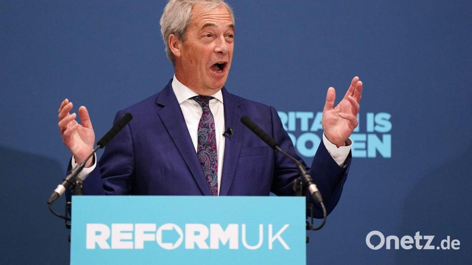 Der Profiteur der Regierungskrise: Reform-Chef Nigel Farage. (Archivbild) Bild: Jacob King/PA Wire/dpa
