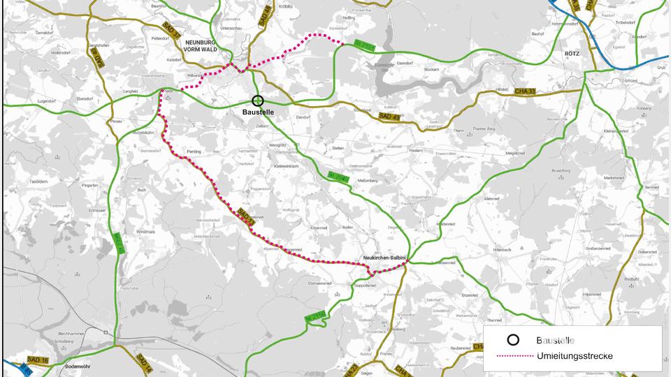 Während des Kreuzungsumbaus in Neunburg vorm Wald ist eine Umleitungsstrecke ausgewiesen. Grafik: Staatliches Bauamt Amberg-Sulzbach