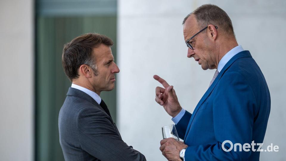 Kanzler Friedrich Merz (CDU) und der französische Präsident Emmanuel Macron beim E5-Gipfel führender europäischer Staaten in Berlin. Bild: Michael Kappeler/dpa