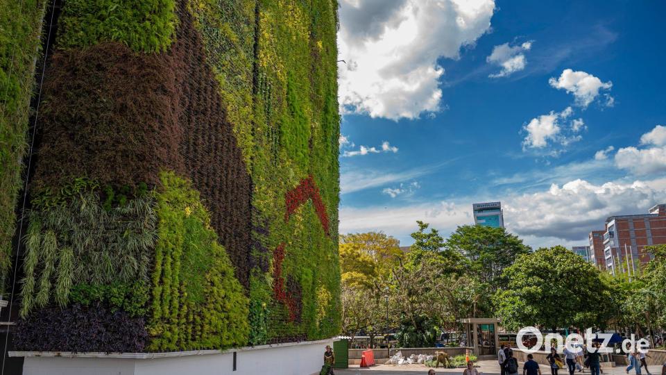 Fußgänger bewegen sich im Schatten einer begrünten Wand in Medellín. (Archivbild) Bild: edinson arroyo/dpa