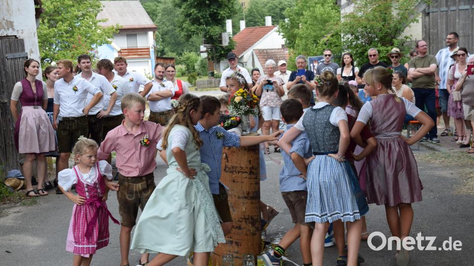 In Ransbach tanzten kleine und große Kirwapaare sehr zur Freunde vieler Gäste den Kirwabaum unter schattigen Lindenbäumen aus. Bild: Paul Böhm
