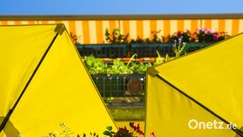 Balkon-Sommeridylle mit roten Blüten, gelben Schirmen und strahlendem Himmel Bild: Soeren Stache/dpa