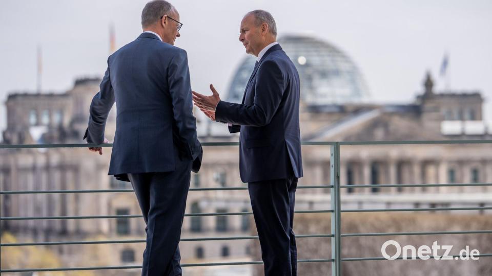Der irische Regierungschef Micheál Martin (r) wird während der Ratspräsidentschaft zu einem Sondergipfel einladen. Hier ist er mit Kanzler Merz in Berlin zu sehen. (Archivbild) Bild: Michael Kappeler/dpa