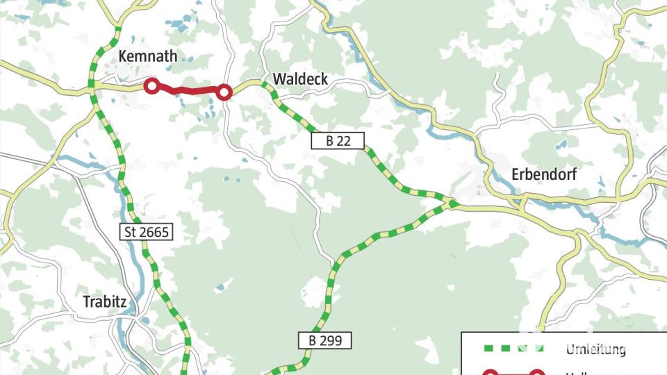 Ab Montag, 6. Juli, ist die B22 zwischen Kemnath und Waldeck gesperrt. Eine großräumige Umleitung ist angelegt. Grafik: Franka Eichl/Quelle: Staatliches Bauamt Amberg-Sulzbach