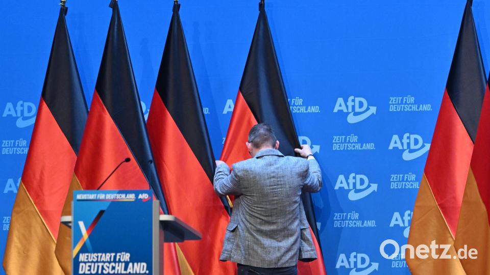 Ein Mann zieht auf dem Podium des AfD-Bundesparteitags in Erfurt eine Deutschlandfahne zurecht. Bild: Martin Schutt/dpa
