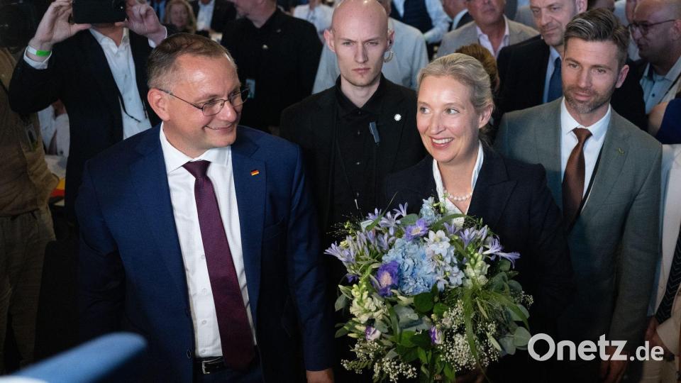 Die AfD-Chefs Tino Chrupalla und Alice Weidel wurden erneut im Amt bestätigt. Bild: Sebastian Kahnert/dpa