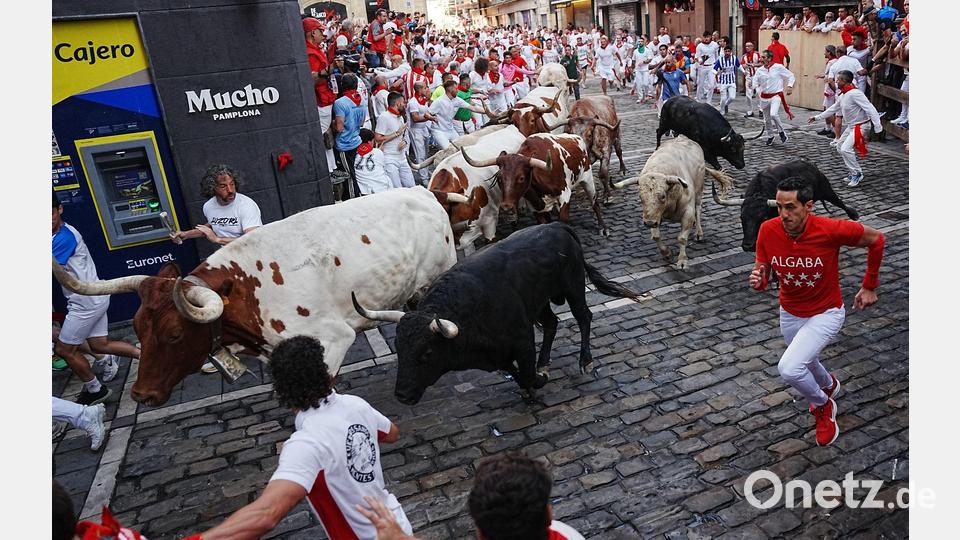 Die Stierhatzen im nordspanischen Pamplona sind schnell und gefährlich. Beim ersten von acht Läufen gab es zum Glück nur Leichtverletzte. Die Bullen aber sterben am späten Nachmittag in der Stierkampfarena. Bild: Miguel Oses/AP/dpa