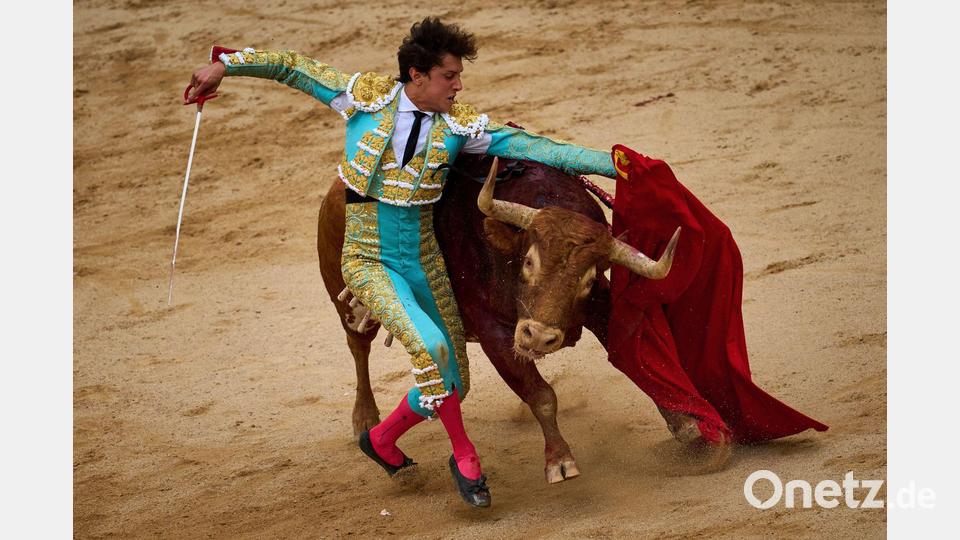 Die Stiere, die am Morgen während des San-Fermín-Festes im nodspanischen Pamplona durch die Altstadt getrieben werden, sterben am späten Nachmittag in der Stierkampfarena. (Archiv-Bild) Bild: Miguel Oses/AP/dpa