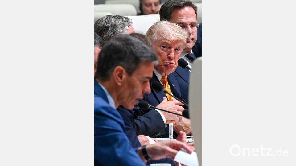 Zustimmung sieht anders aus: US-Präsident Donald Trump schaut skeptisch, während Spaniens Regierungschef Pedro Sánchez auf dem Nato-Gipfel in Ankara spricht. Bild: Ansgar Haase/dpa
