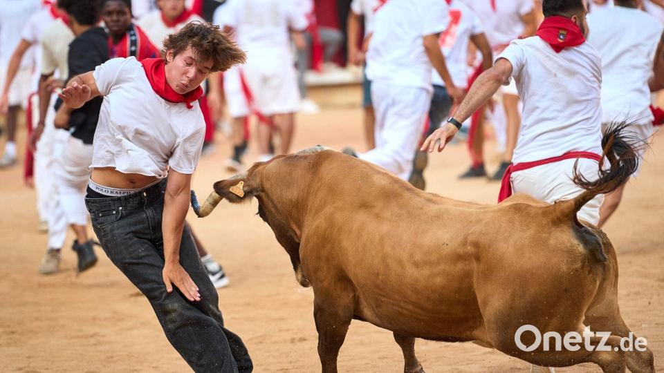 Ein Festbesucher weicht in der Stierkampfarena einem Kalb aus, nachdem beim San-Fermin-Fest der achte Stierlauf stattgefunden hat. Bild: MIguel Oses/AP/dpa