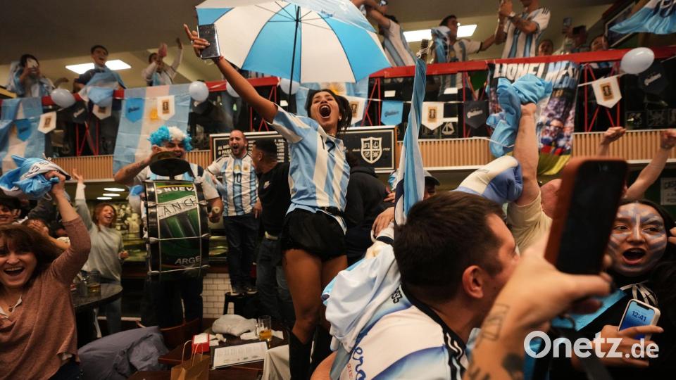 Argentinische Fans während der Fußball-WM: Der, der nicht springt, ist ein Engländer. (Archivbild) Bild: Rodrigo Abd/AP/dpa