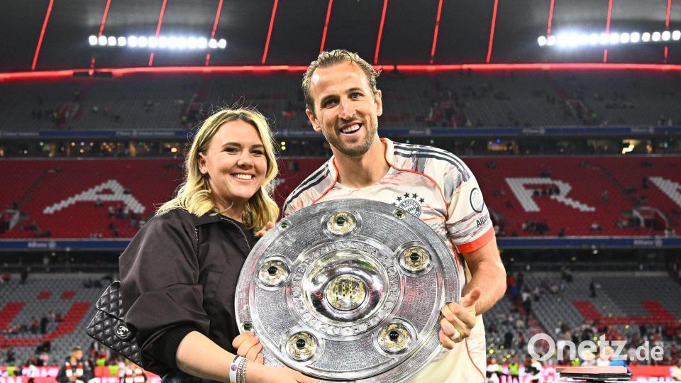 Bayern-Star Harry Kane jubelte mit seiner Frau Katie 2025 über seine erste deutsche Meisterschaft. Bild: Tom Weller/dpa