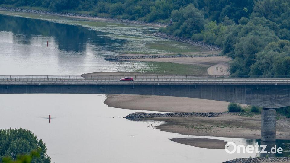 Aufgrund des Niedrigwassers sind an der Donau Sandbänke zu sehen. Bild: Armin Weigel/dpa