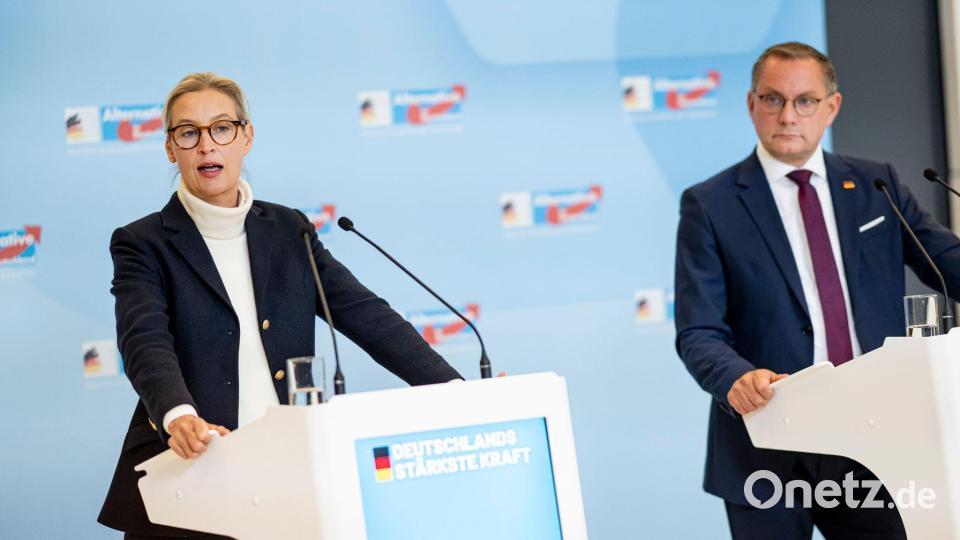 Kurz vor dem zweiten Parteitags-Wochenende mischten sich auch die AfD-Chefs Alice Weidel und Tino Chrupalla in den Streit ein. (Archivbild) Bild: Fabian Sommer/dpa
