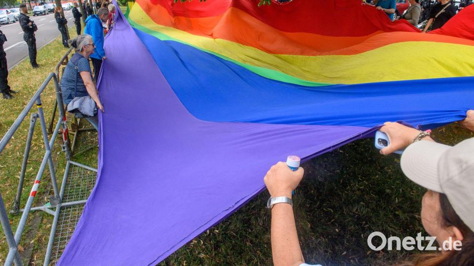 Gegendemonstranten zeigten in Magdeburg eine große Regenbogenfahne. Die AfD meint laut ihrem 100-Tage-Programm, die Fahne stehe „für die Entwertung der Familie und der tradierten gesellschaftlichen Normalität“. Bild: Klaus-Dietmar Gabbert/dpa