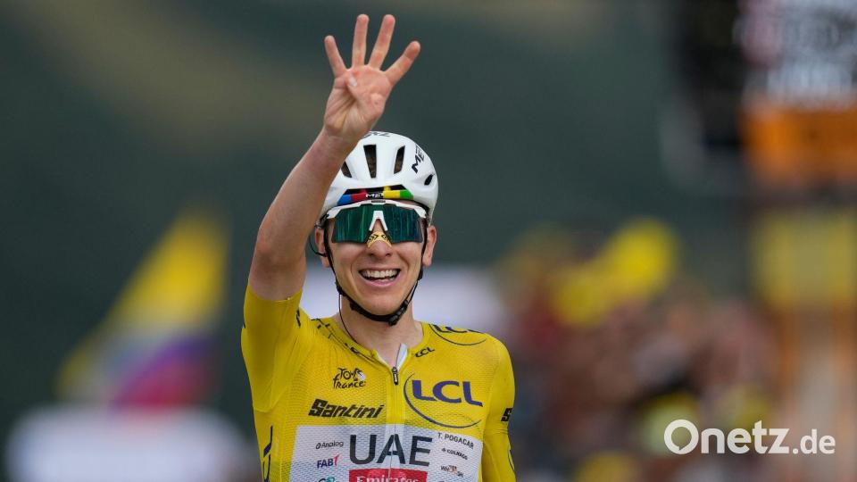 Tadej Pogacar gewinnt bereits seine vierte Etappe bei der Tour 2026. Bild: Mosa'ab Elshamy/AP/dpa