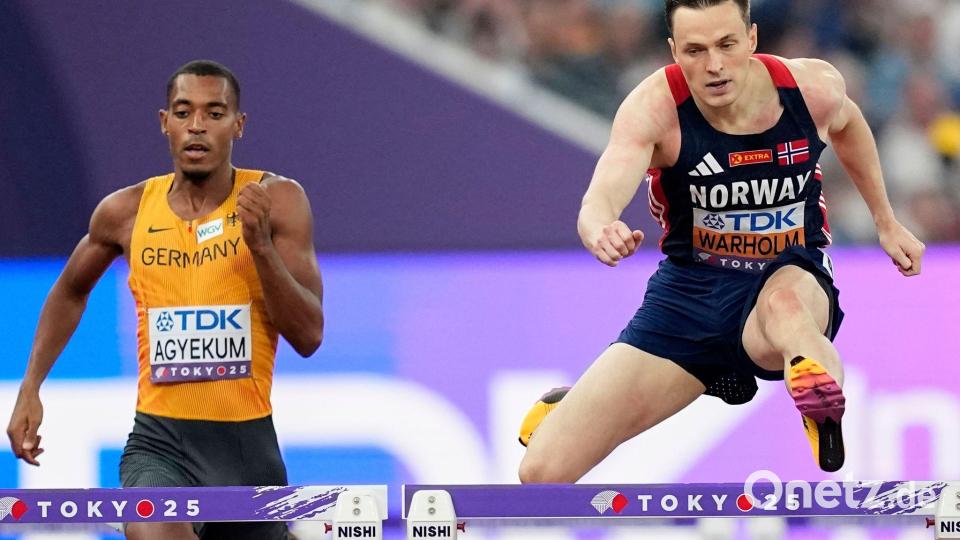 Emil Agyekum bei der WM 2025 im Vorlauf hinter Karsten Warholm (Archivbild). Bild: Petr David Josek/AP/dpa