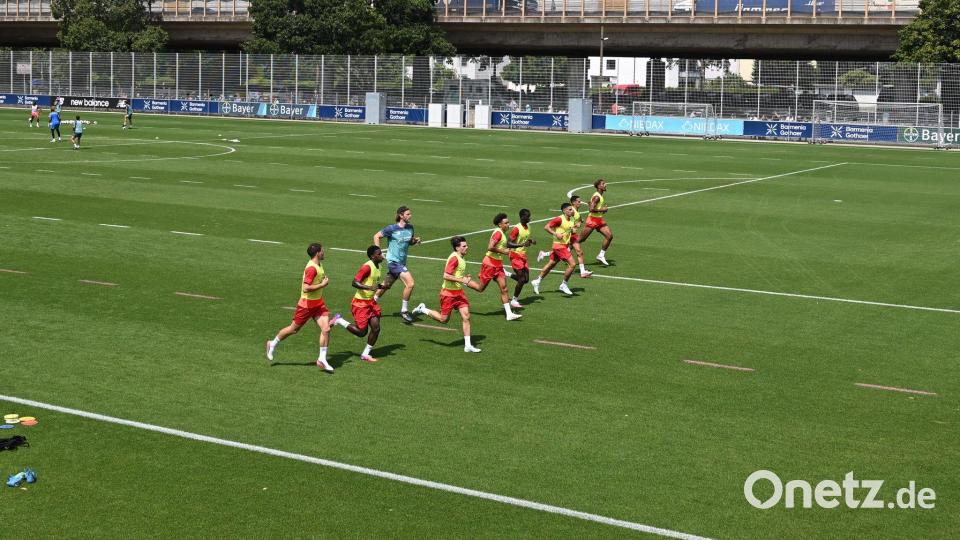 Die Spieler von Bayer Leverkusen bereiten sich schon auf die neue Saison vor, die mit der Partie bei Aufsteiger SV Elversberg beginnt (Archivbild) Bild: Federico Gambarini/dpa