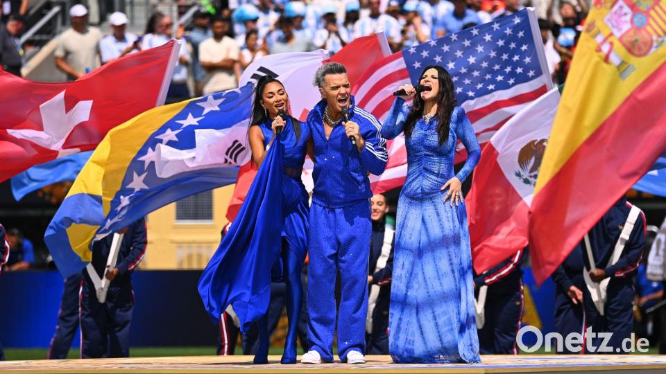 Nicole Scherzinger (l-r), Robbie Williams und Laura Pausini treten vor dem Finale auf. Bild: Tom Weller/dpa