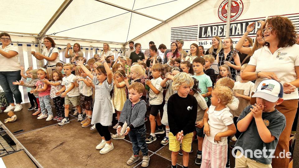 Mit ihrem Dorffestlied sorgten die Kindergartenkinder unter Leitung von Lydia Hofmann für Applaus. Bild: Reinhard Kreuzer