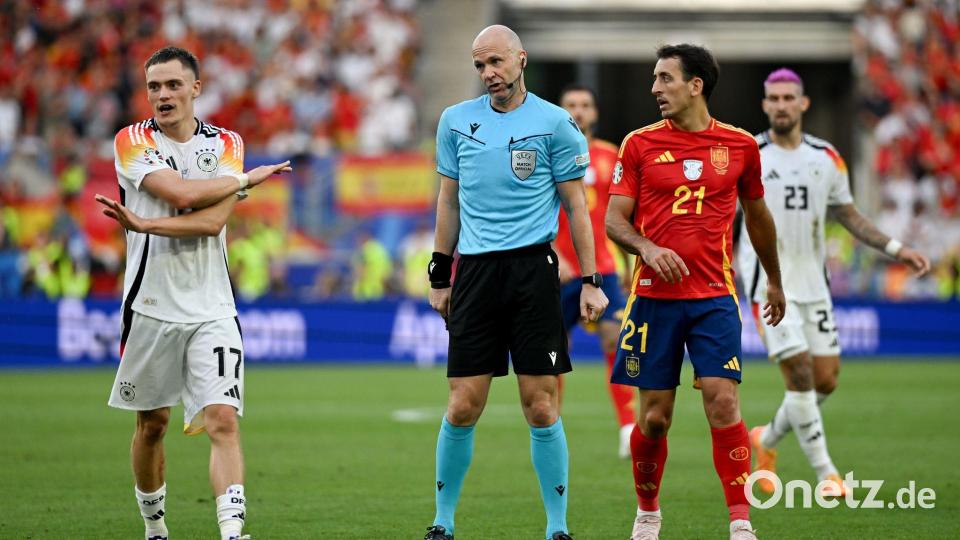 Kein Handspiel: Anthony Taylor traf die folgenschwere Entscheidung bei der EM 2024. (Archivfoto) Bild: Marijan Murat/dpa