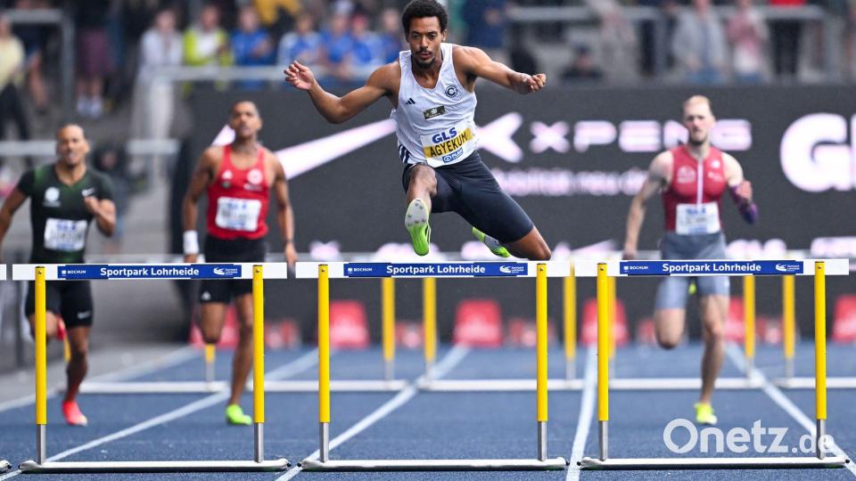 Emil Agyekum (M) zeigte erneut ein starkes Rennen über 400 Meter Hürden. Bild: Sven Hoppe/dpa