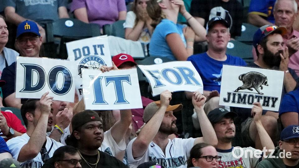 „Do it for Jimothy“: Selbst bei einem Baseballspiel der Seattle Mariners wurde der knubbelige Waschbär gefeiert. Bild: Lindsey Wasson/AP/dpa
