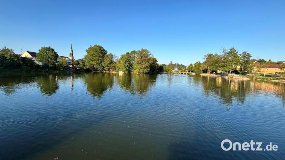 Es ist wieder Wasser im Kemnather Stadtweiher. Vor einigen Tagen konnten die Sanierungsarbeiten beendet werden. Bild: stg