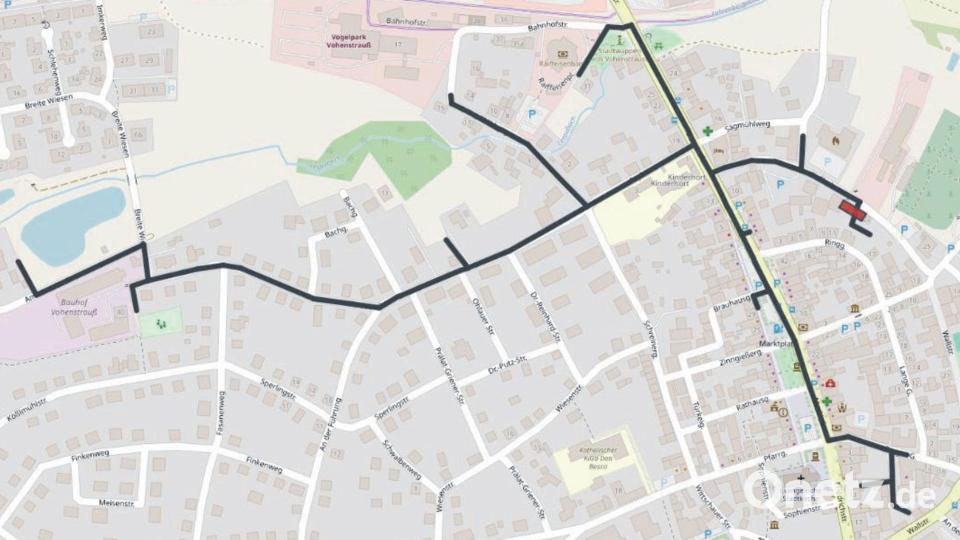 Im ersten Bauabschnitt endet das Wolf Wärmenetz Vohenstrauß im Westen am Bauhof. Dabei ist noch nichts in Stein gemeißelt. Welche Bereiche im Umfeld zum Beispiel der Haidaer Straße und des Marktplatzes angeschlossen werden, hängt laut Projektplaner von den Rückmeldungen der Interessenten in den nächsten sechs Wochen ab. Grafik: Achhammer engineering GmbH