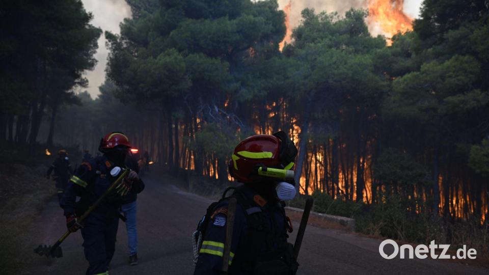 Aus der Luft gibt es wegen stürmischer Winde keine Hilfe - die Feuerwehrleute sind am Boden auf sich gestellt. Bild: Michael Varaklas/AP/dpa