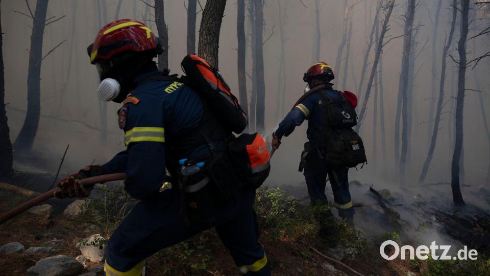 Feuerwehrleute löschen einen Waldbrand in der Nähe von Porto Germeno nordwestlich von Athen. Bild: Michael Varaklas/AP/dpa