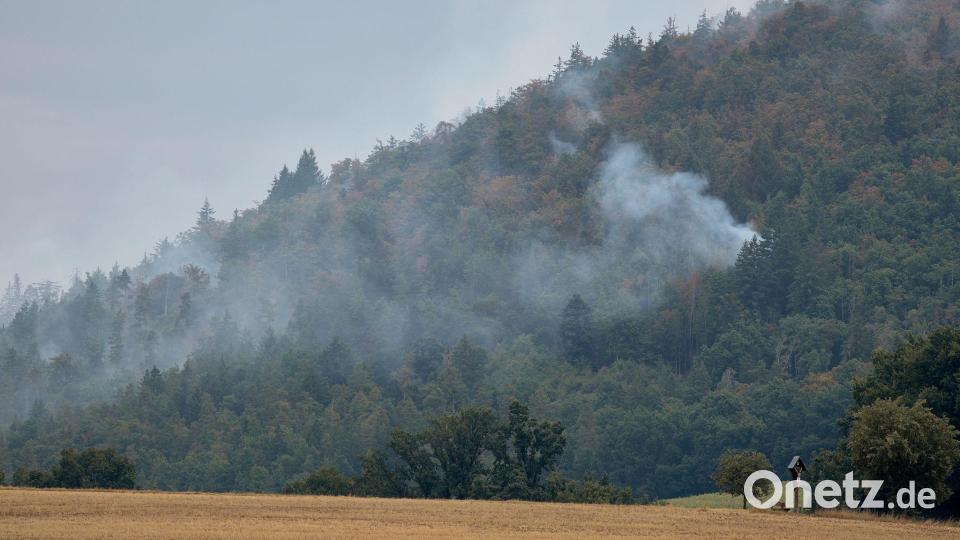 Der Waldbrand in Freudenberg ist unter Kontrolle, doch die Löscharbeiten in dem unwegsamen Gelände dauern an. Bild: Tizian Gerbing/dpa