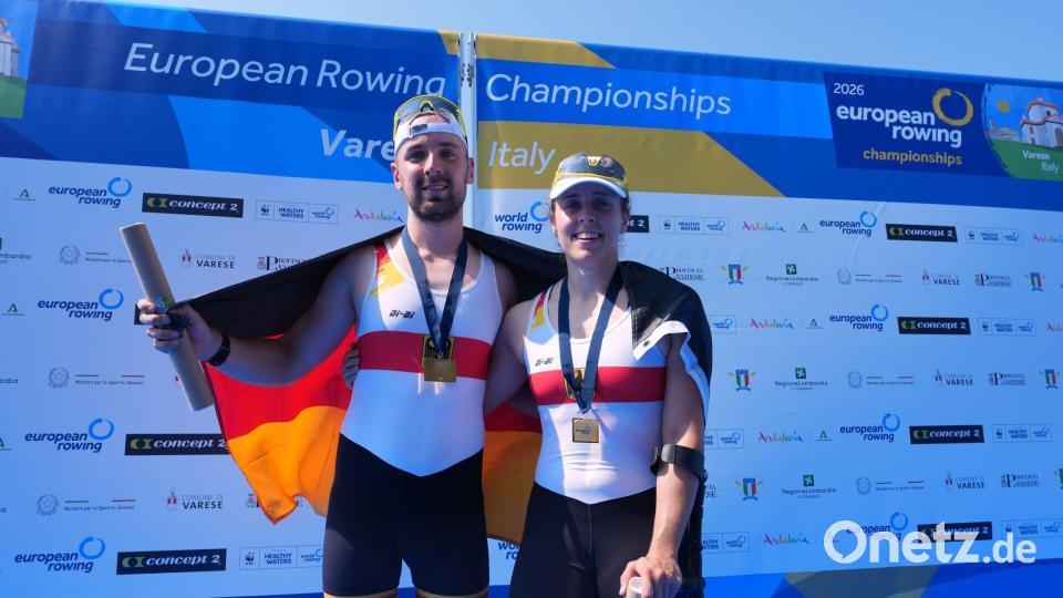 Paul Umbach (l) und Jasmina Bier sorgten im Para-Mixed-Doppelzweier für das erste deutsche EM-Gold. Bild: Antonio Calanni/AP/dpa